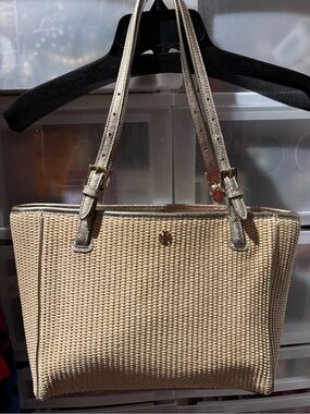 Tory Burch Woven Neutral Tote with Metallic Gold Trim - Women's Shoulder Bag